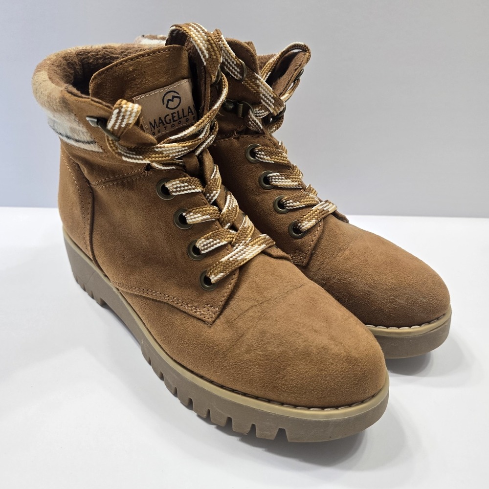 Magellan Outdoor Womens Hiking Boots Size 8D Brown Plaid Cuff Lace Up Ankle Boot